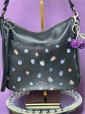 Coach Black Leather Shoulder Bag with Purple and Pink Floral Print